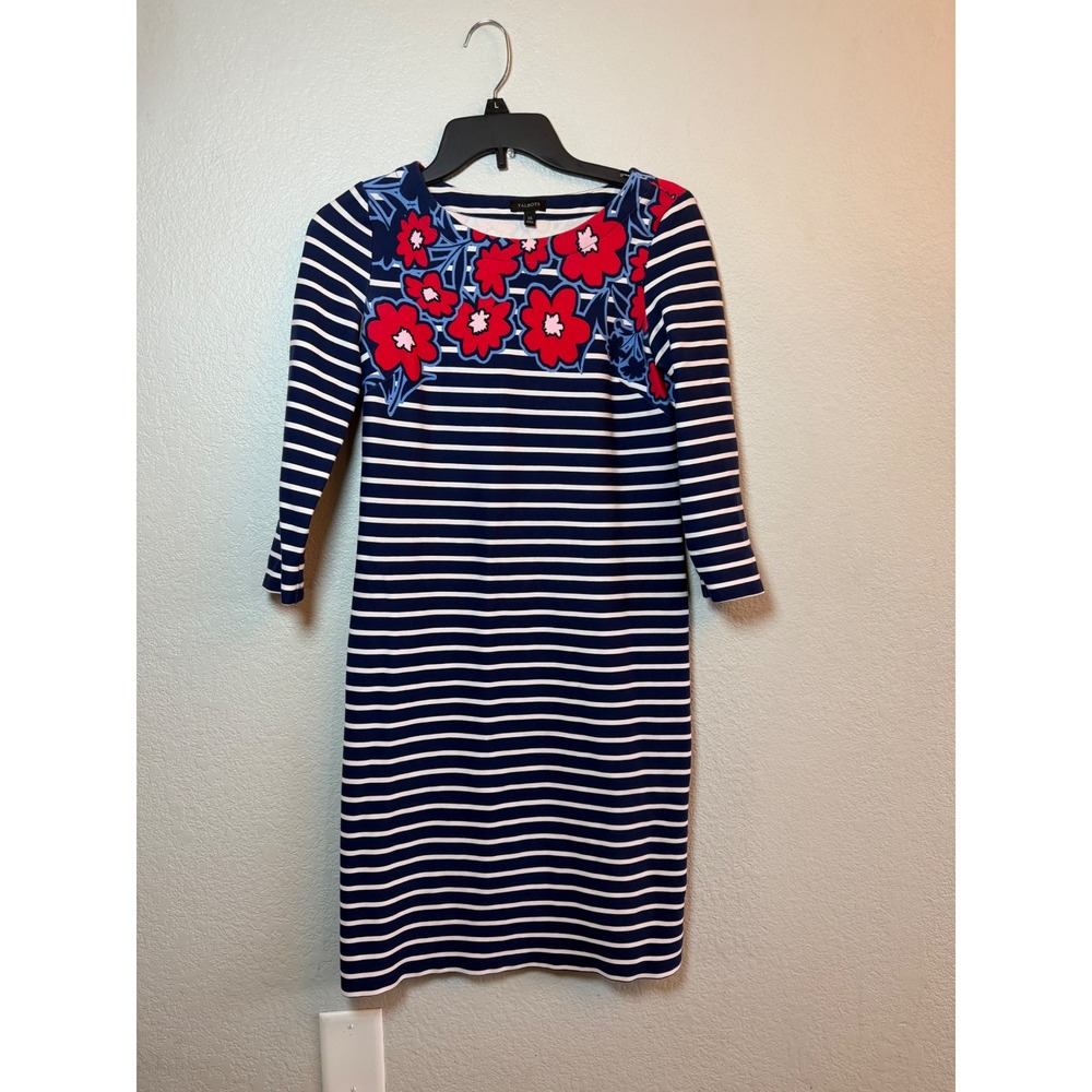 Talbots Navy White Striped Red Floral Sheath Dress XS 3/4 Sleeve Cotton